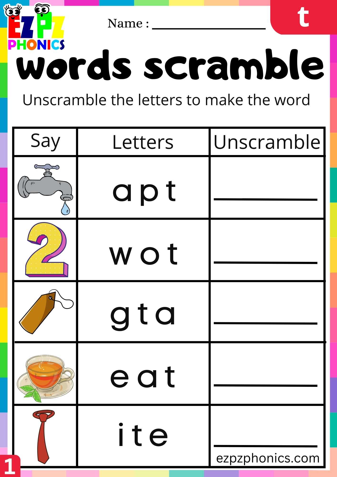Letter T Words Scramble Beginning Sounds Worksheet